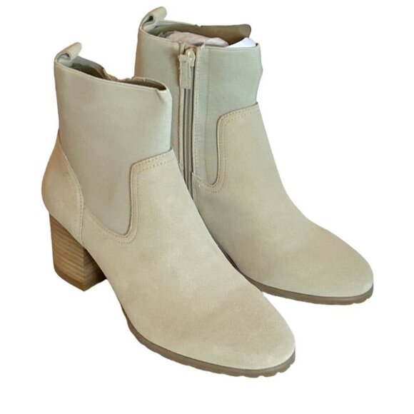 Violet & Red Loaded Suede Knit Cuff Heel Bootie Boot Zip Tan Size 7.5 NWT - Picture 2 of 8